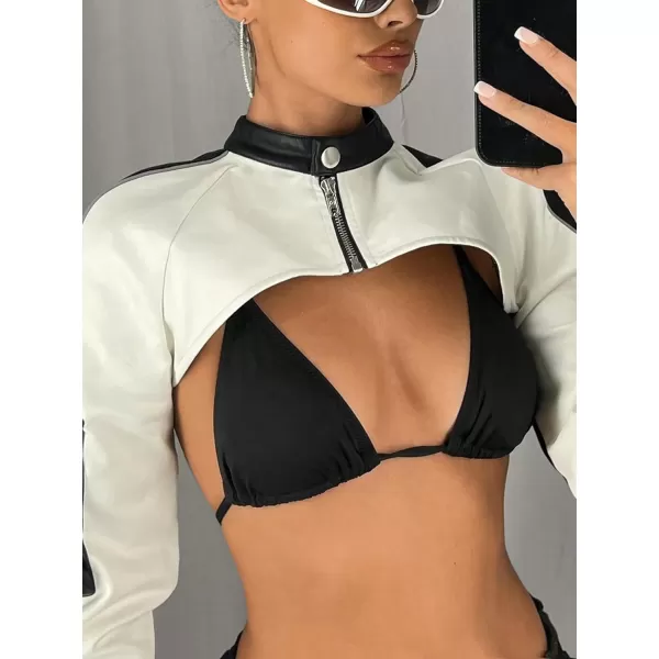 WDIRARA Women's PU Leather Letter Graphic Crop Jacket Zip Up Collared Long Sleeve Casual Jacket Crop Outerwear