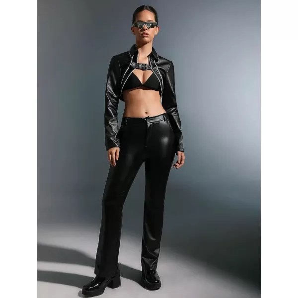 WDIRARA Women's PU Leather Letter Graphic Crop Jacket Zip Up Collared Long Sleeve Casual Jacket Crop Outerwear