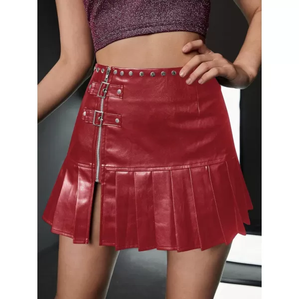 WDIRARA Women's PU Leather Pleated High Waisted Slit Studded Ruffle Y2k Club Mini Skirt