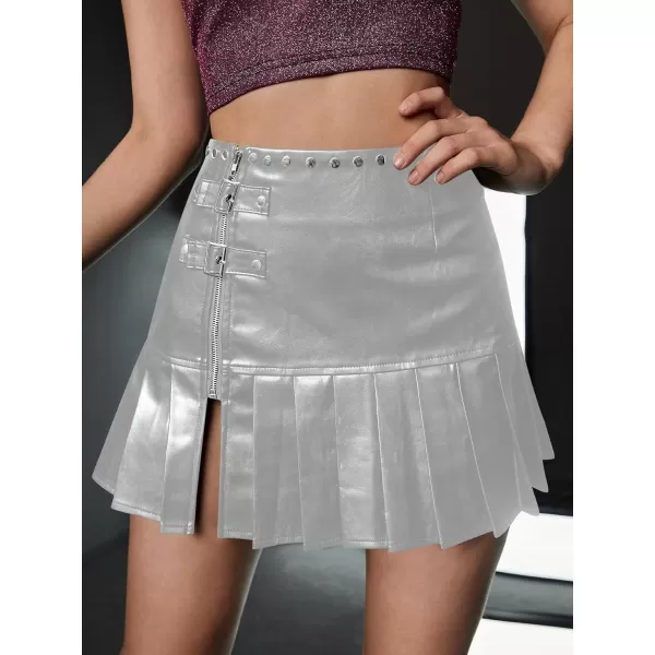 WDIRARA Women's PU Leather Pleated High Waisted Slit Studded Ruffle Y2k Club Mini Skirt