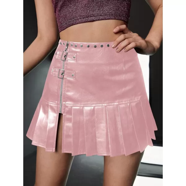 WDIRARA Women's PU Leather Pleated High Waisted Slit Studded Ruffle Y2k Club Mini Skirt