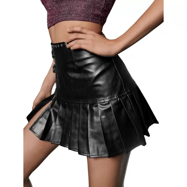 WDIRARA Women's PU Leather Pleated High Waisted Slit Studded Ruffle Y2k Club Mini Skirt