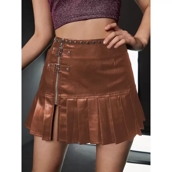 WDIRARA Women's PU Leather Pleated High Waisted Slit Studded Ruffle Y2k Club Mini Skirt