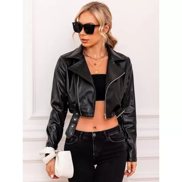 WDIRARA Women's PU Leather Zipper Buckle Belted Long Sleeve Motorcycle Crop Jacket