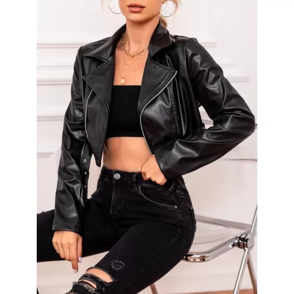 WDIRARA Women's PU Leather Zipper Buckle Belted Long Sleeve Motorcycle Crop Jacket