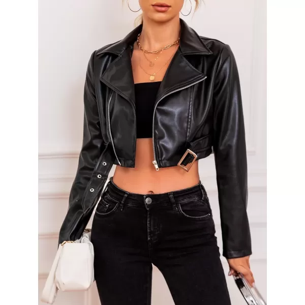 WDIRARA Women's PU Leather Zipper Buckle Belted Long Sleeve Motorcycle Crop Jacket