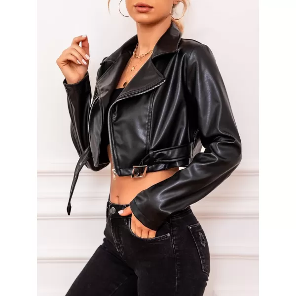 WDIRARA Women's PU Leather Zipper Buckle Belted Long Sleeve Motorcycle Crop Jacket
