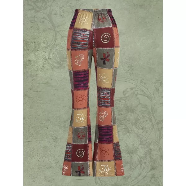 WDIRARA Women's Patchwork Print Flare Leg Pants Elastic High Waist Boho Long Pants