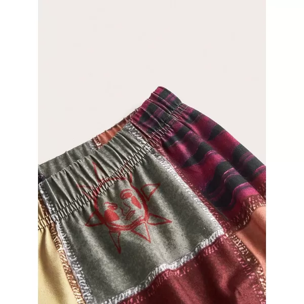 WDIRARA Women's Patchwork Print Flare Leg Pants Elastic High Waist Boho Long Pants