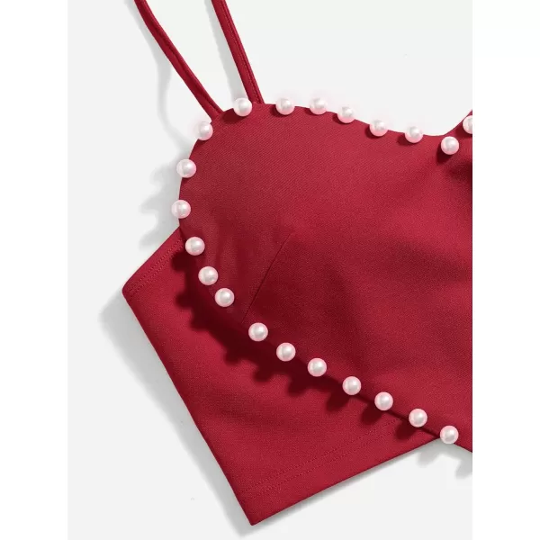 WDIRARA Women's Pearls Sleeveless Asymmetrical Hem Crop Cami Top Sexy Camisole