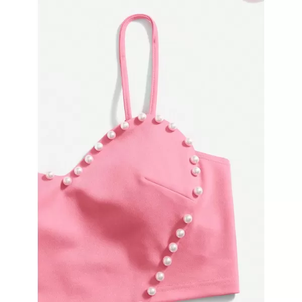 WDIRARA Women's Pearls Sleeveless Asymmetrical Hem Crop Cami Top Sexy Camisole