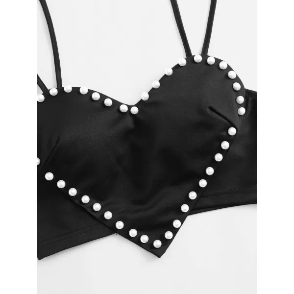 WDIRARA Women's Pearls Sleeveless Asymmetrical Hem Crop Cami Top Sexy Camisole