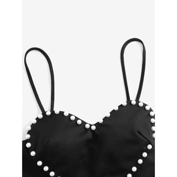 WDIRARA Women's Pearls Sleeveless Asymmetrical Hem Crop Cami Top Sexy Camisole