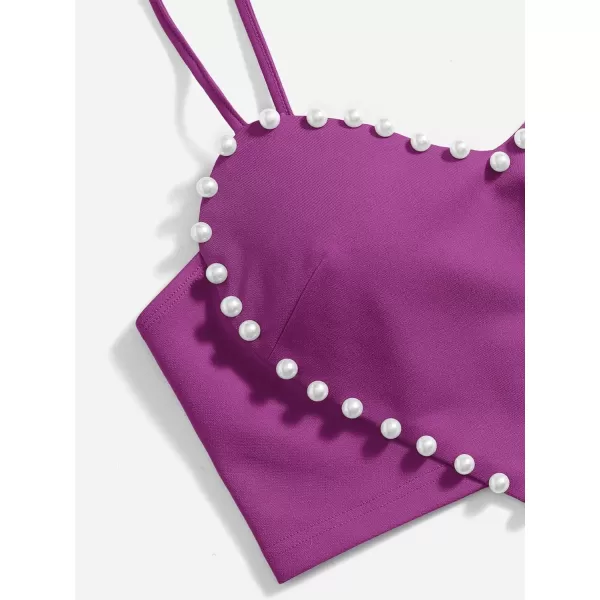 WDIRARA Women's Pearls Sleeveless Asymmetrical Hem Crop Cami Top Sexy Camisole