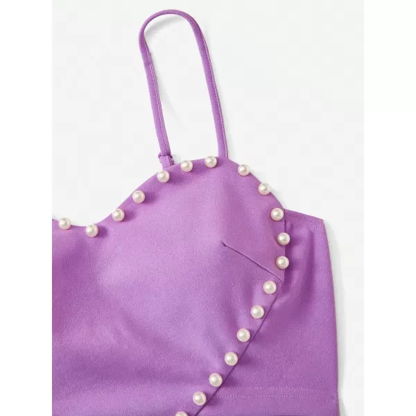 WDIRARA Women's Pearls Sleeveless Asymmetrical Hem Crop Cami Top Sexy Camisole