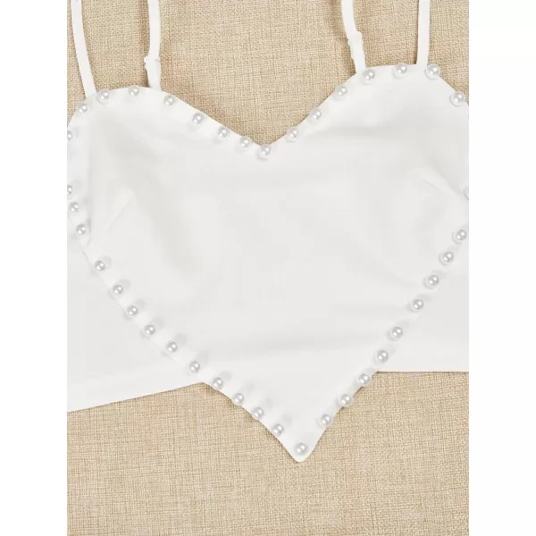 WDIRARA Women's Pearls Sleeveless Asymmetrical Hem Crop Cami Top Sexy Camisole