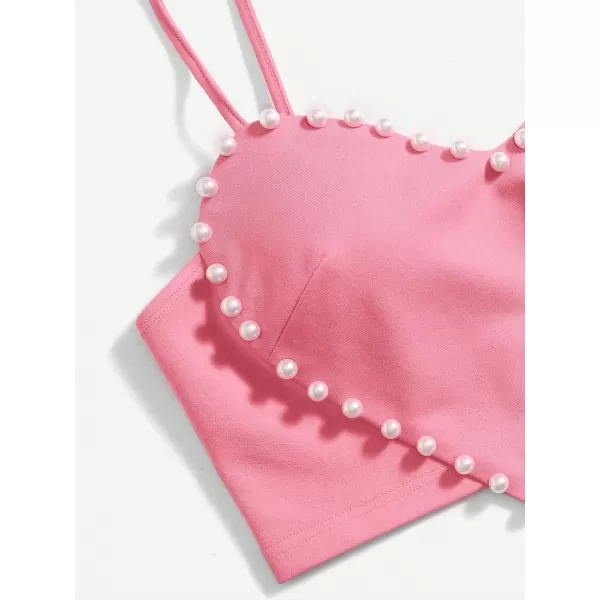 WDIRARA Women's Pearls Sleeveless Asymmetrical Hem Crop Cami Top Sexy Camisole
