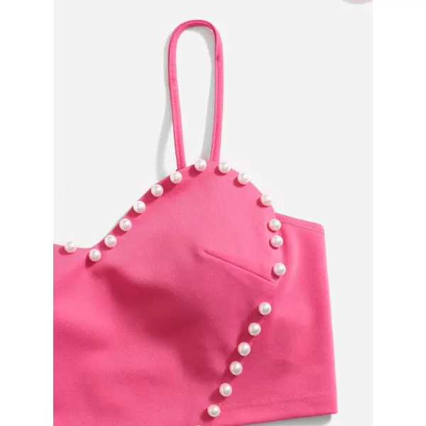 WDIRARA Women's Pearls Sleeveless Asymmetrical Hem Crop Cami Top Sexy Camisole
