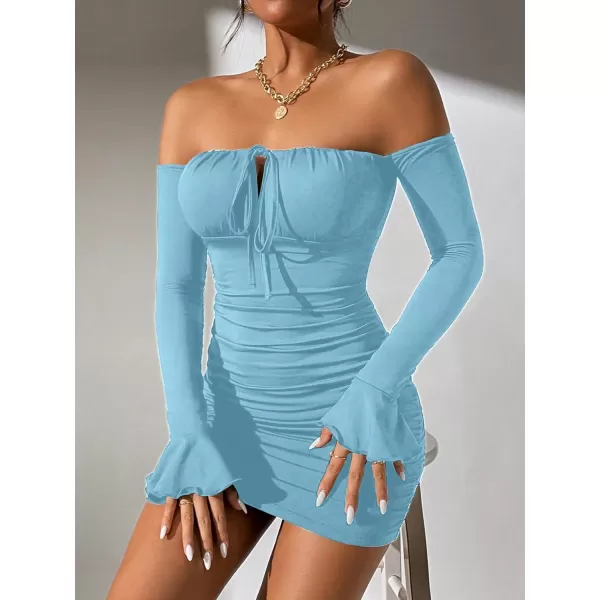 WDIRARA Women's Petite Off Shoulder Long Sleeve Cut Out Tie Front Bodycon Mini Dress