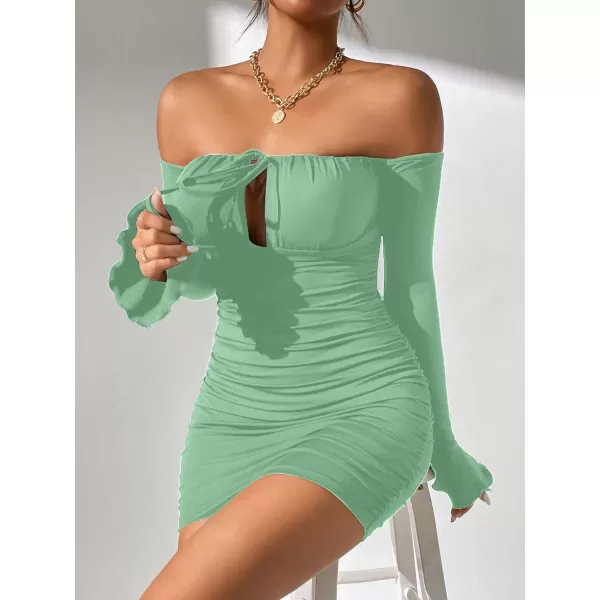 WDIRARA Women's Petite Off Shoulder Long Sleeve Cut Out Tie Front Bodycon Mini Dress