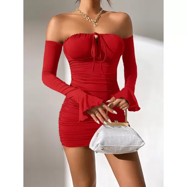 WDIRARA Women's Petite Off Shoulder Long Sleeve Cut Out Tie Front Bodycon Mini Dress