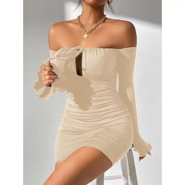 WDIRARA Women's Petite Off Shoulder Long Sleeve Cut Out Tie Front Bodycon Mini Dress
