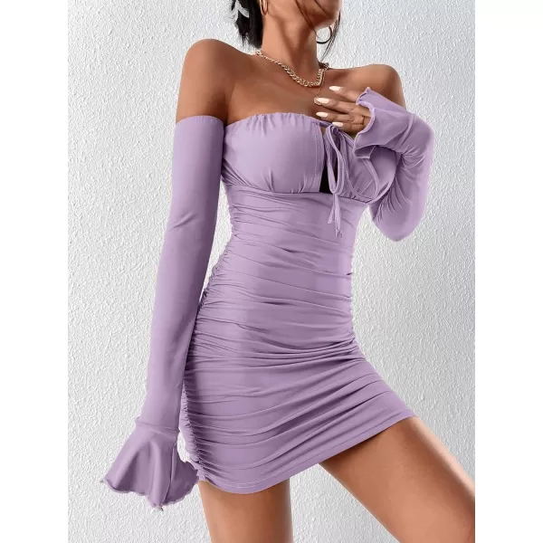 WDIRARA Women's Petite Off Shoulder Long Sleeve Cut Out Tie Front Bodycon Mini Dress