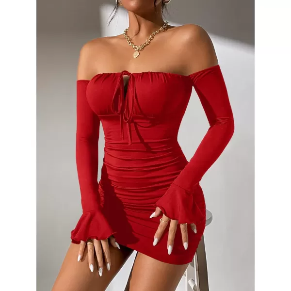 WDIRARA Women's Petite Off Shoulder Long Sleeve Cut Out Tie Front Bodycon Mini Dress