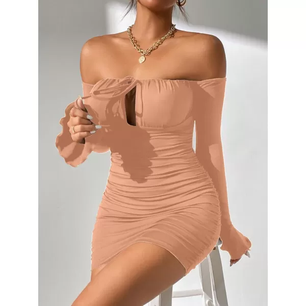 WDIRARA Women's Petite Off Shoulder Long Sleeve Cut Out Tie Front Bodycon Mini Dress