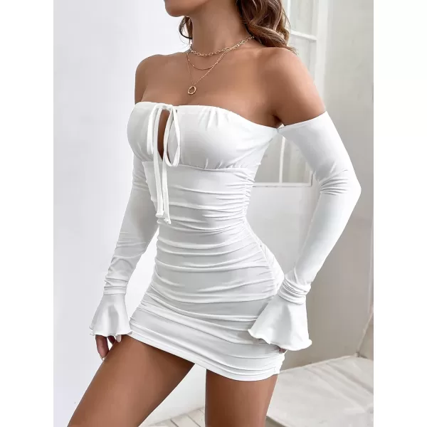 WDIRARA Women's Petite Off Shoulder Long Sleeve Cut Out Tie Front Bodycon Mini Dress