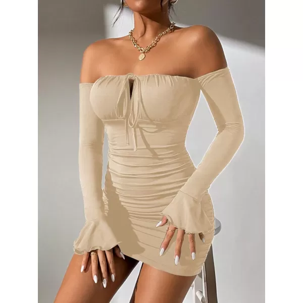 WDIRARA Women's Petite Off Shoulder Long Sleeve Cut Out Tie Front Bodycon Mini Dress