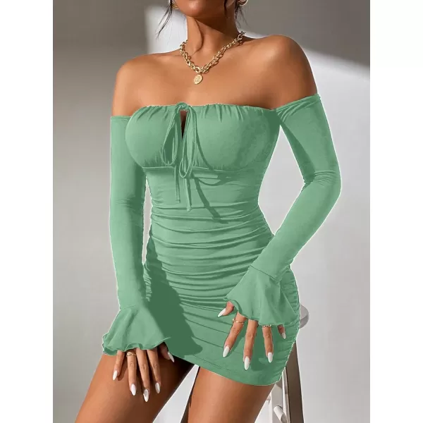 WDIRARA Women's Petite Off Shoulder Long Sleeve Cut Out Tie Front Bodycon Mini Dress