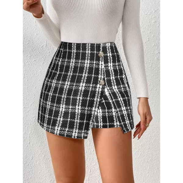 WDIRARA Women's Plaid High Waist Split Skort Tweed Button Front Elegant Skirt Shorts