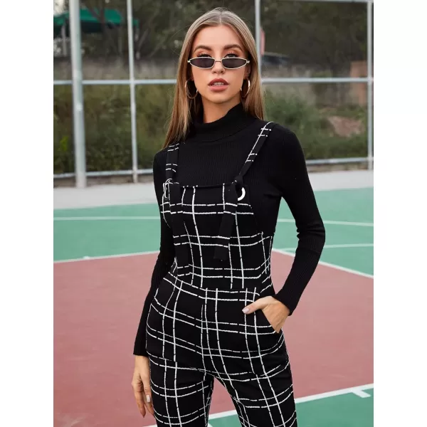 WDIRARA Women's Plaid Overall Straps High Waist Pinafore Casual Jumpsuit with Pocket