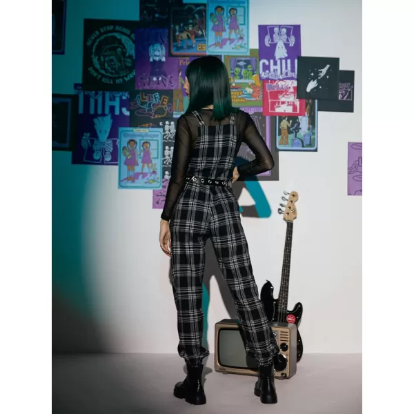 WDIRARA Women's Plaid Overall Straps High Waist Pinafore Casual Jumpsuit with Pocket