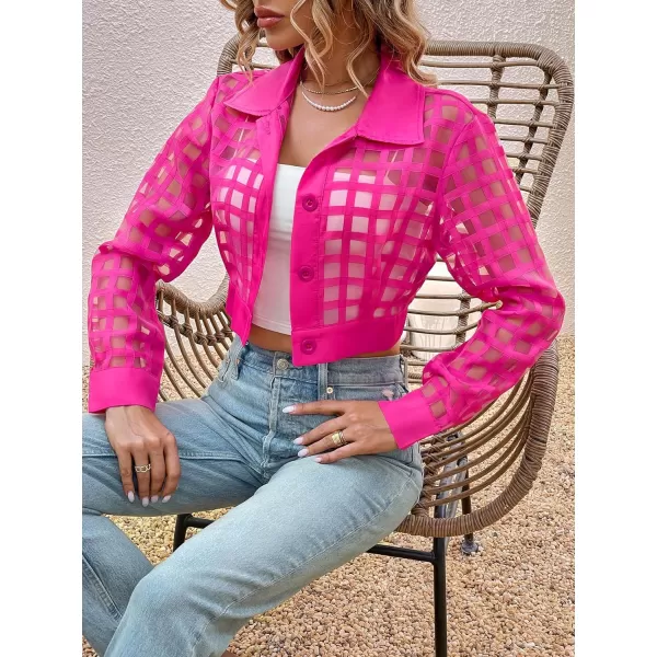 WDIRARA Women's Plaid Sheer Mesh Bomber Long Sleeve Open Front Jacket Button Front Elegant Casual Outwear