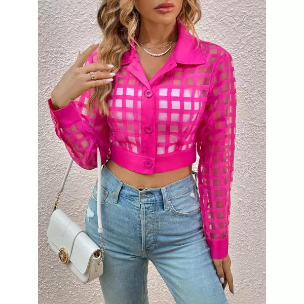 WDIRARA Women's Plaid Sheer Mesh Bomber Long Sleeve Open Front Jacket Button Front Elegant Casual Outwear