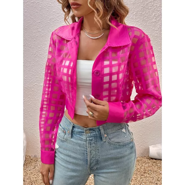 WDIRARA Women's Plaid Sheer Mesh Bomber Long Sleeve Open Front Jacket Button Front Elegant Casual Outwear