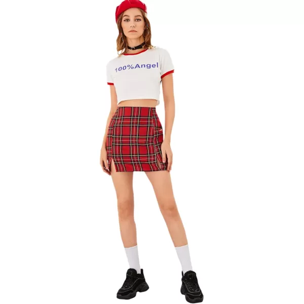 WDIRARA Women's Plaid Skirt High Waist Split Front Zip Up Mini Bodycon Skirt