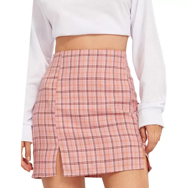 WDIRARA Women's Plaid Skirt High Waist Split Front Zip Up Mini Bodycon Skirt