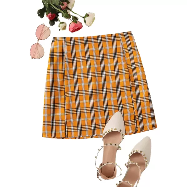 WDIRARA Women's Plaid Skirt High Waist Split Front Zip Up Mini Bodycon Skirt