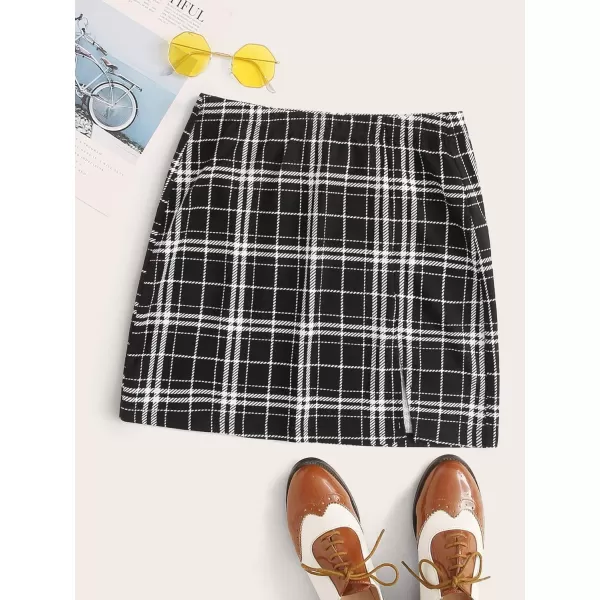WDIRARA Women's Plaid Skirt High Waist Split Front Zip Up Mini Bodycon Skirt