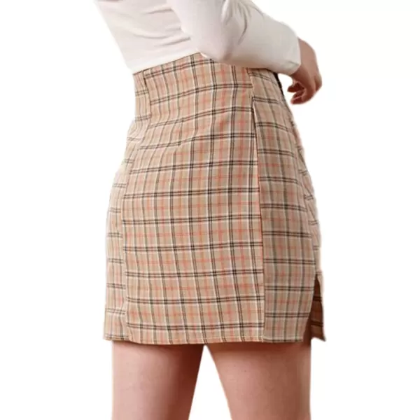 WDIRARA Women's Plaid Skirt High Waist Split Front Zip Up Mini Bodycon Skirt