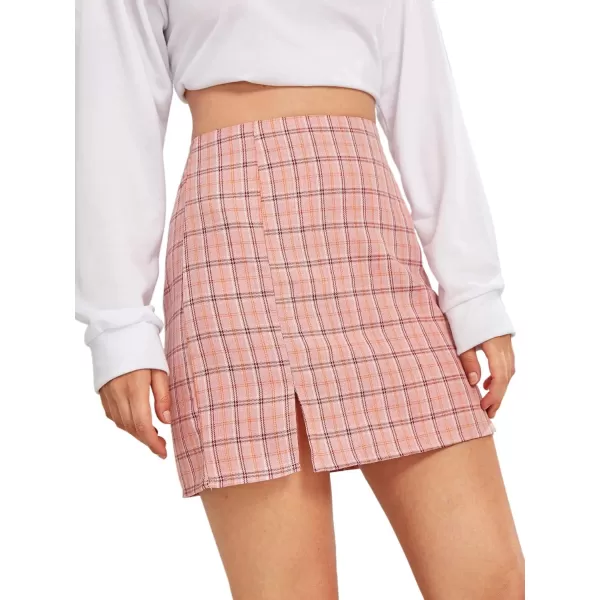 WDIRARA Women's Plaid Skirt High Waist Split Front Zip Up Mini Bodycon Skirt