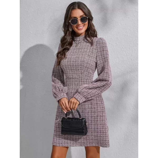 WDIRARA Women's Plaid Tweed Mock Neck Lantern Long Sleeve Dress Casual A Line Dresses