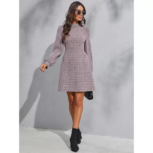 WDIRARA Women's Plaid Tweed Mock Neck Lantern Long Sleeve Dress Casual A Line Dresses