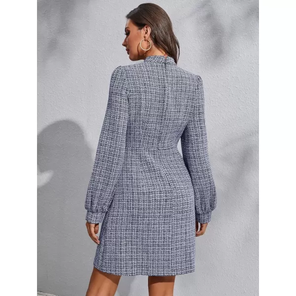 WDIRARA Women's Plaid Tweed Mock Neck Lantern Long Sleeve Dress Casual A Line Dresses