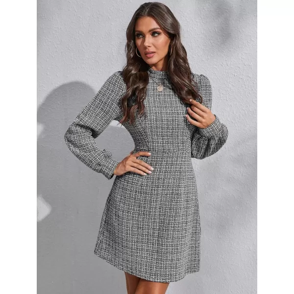 WDIRARA Women's Plaid Tweed Mock Neck Lantern Long Sleeve Dress Casual A Line Dresses