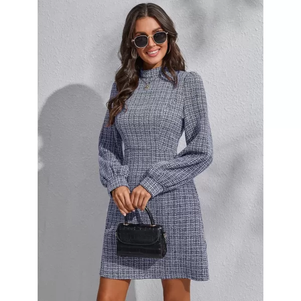 WDIRARA Women's Plaid Tweed Mock Neck Lantern Long Sleeve Dress Casual A Line Dresses