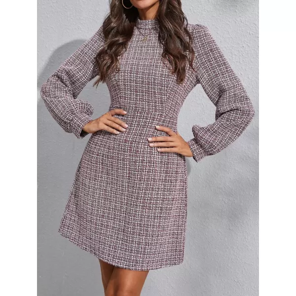 WDIRARA Women's Plaid Tweed Mock Neck Lantern Long Sleeve Dress Casual A Line Dresses